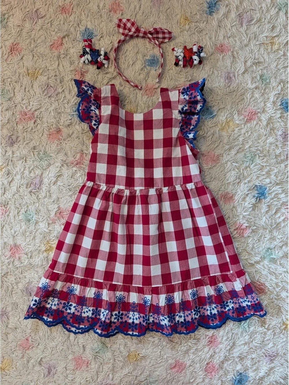 Gymboree Girl's 6 Red and White Gingham Dress with Blue Floral Trim Accessories